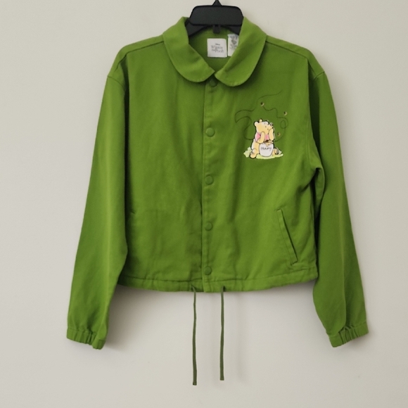 Disney Winnie the Pooh Embroidered Painted Cropped Denim Jacket Women’s Green L - Picture 1 of 12